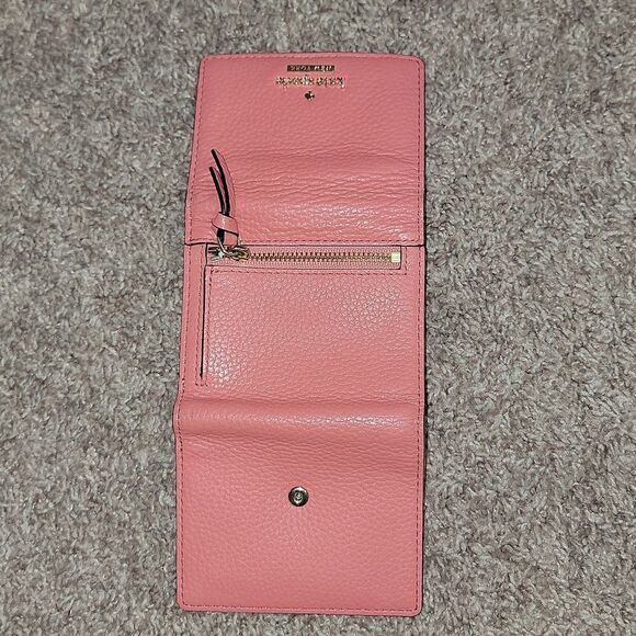 Kate Spade Pebbled Leather Trifold Coral Pink Salmon Wallet w Striped Lining - Picture 9 of 16